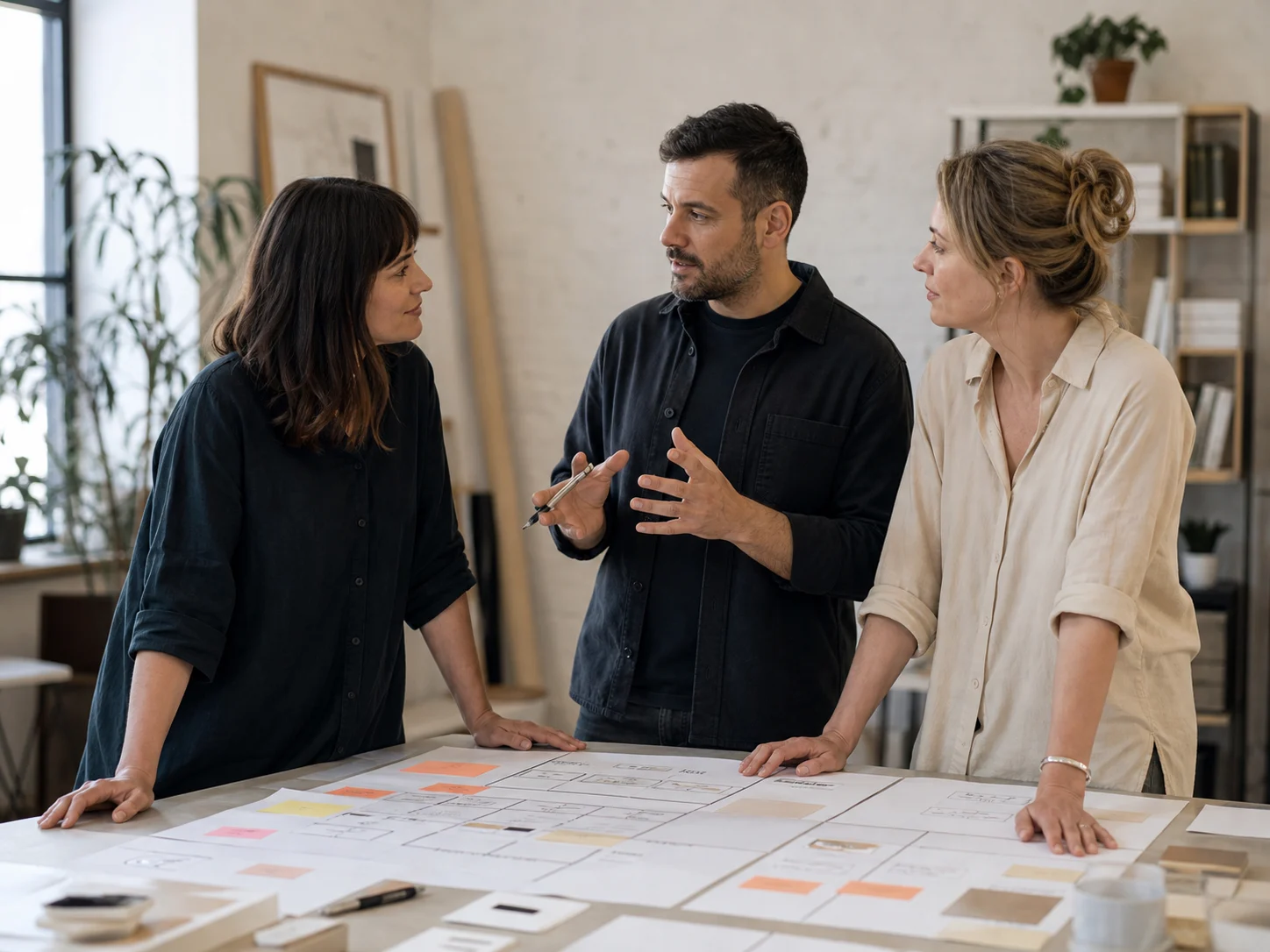 Three people listening and collaborating around a service design workshop table.