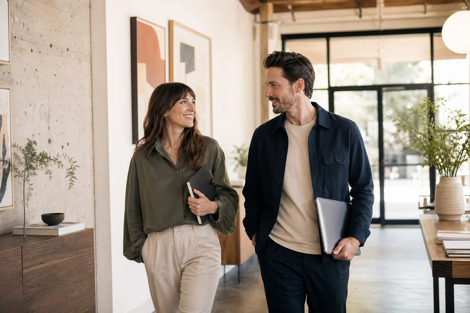 A founder and creative partner continuing their conversation while walking through a studio.