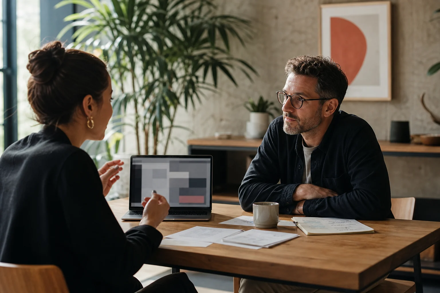 A business owner and digital studio founder discussing strategy in a warm creative workspace.
