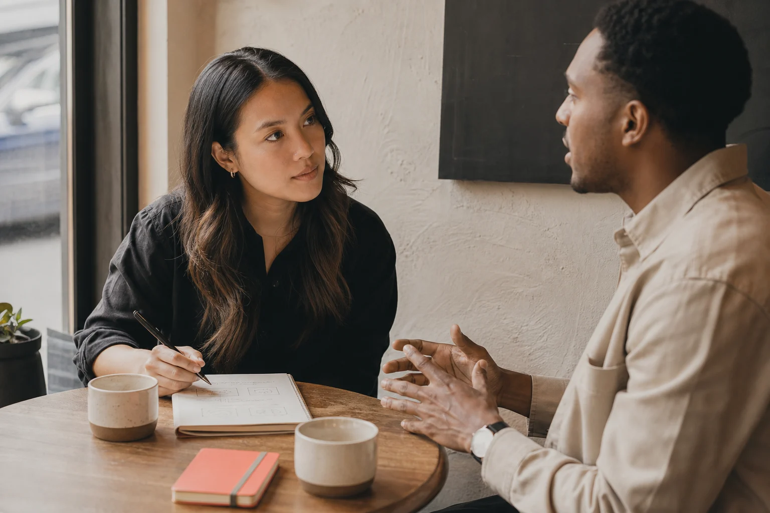 A digital strategist listening carefully to a business owner during a discovery session.