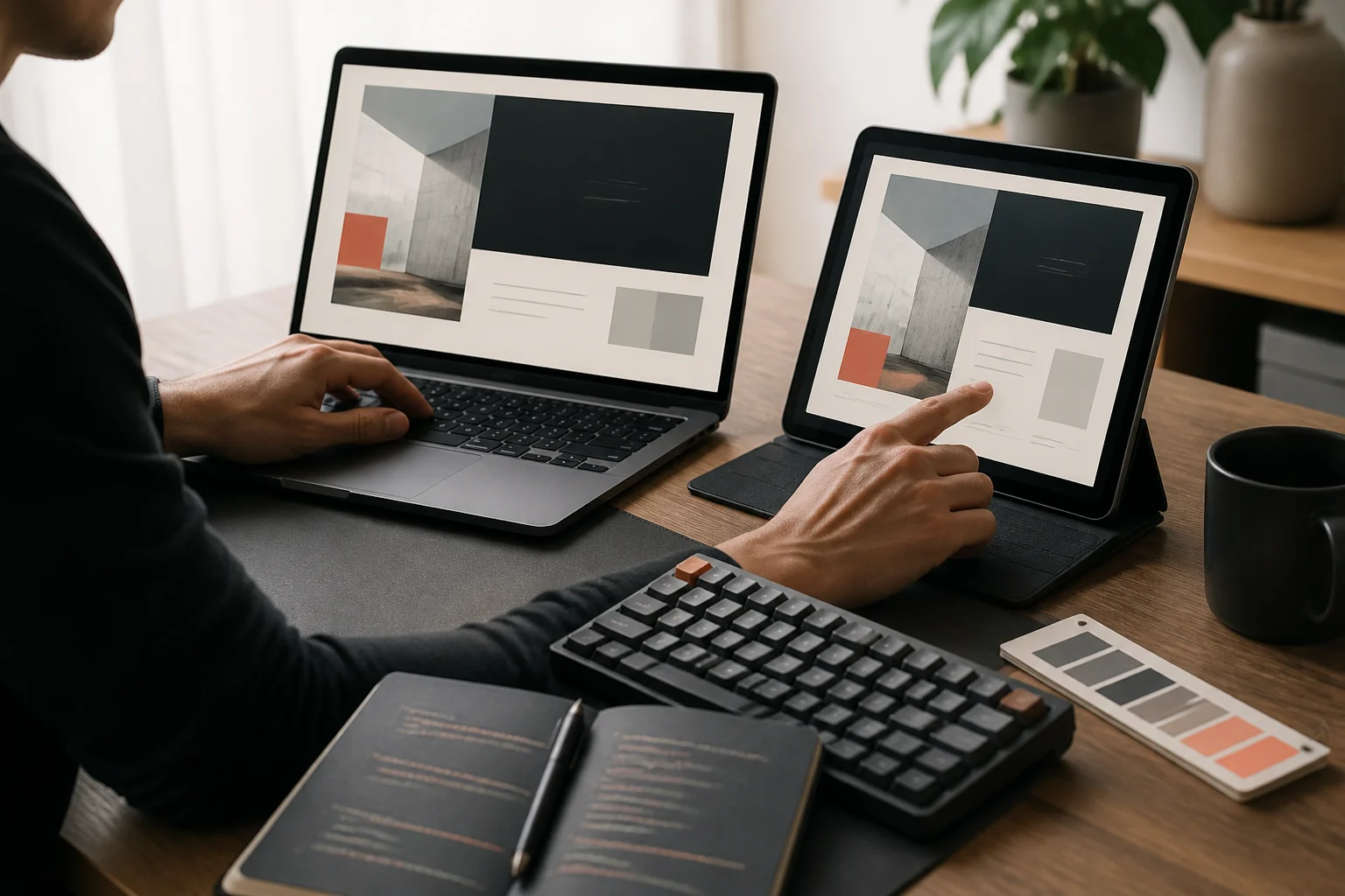 A responsive digital experience being built and checked across a laptop and tablet.