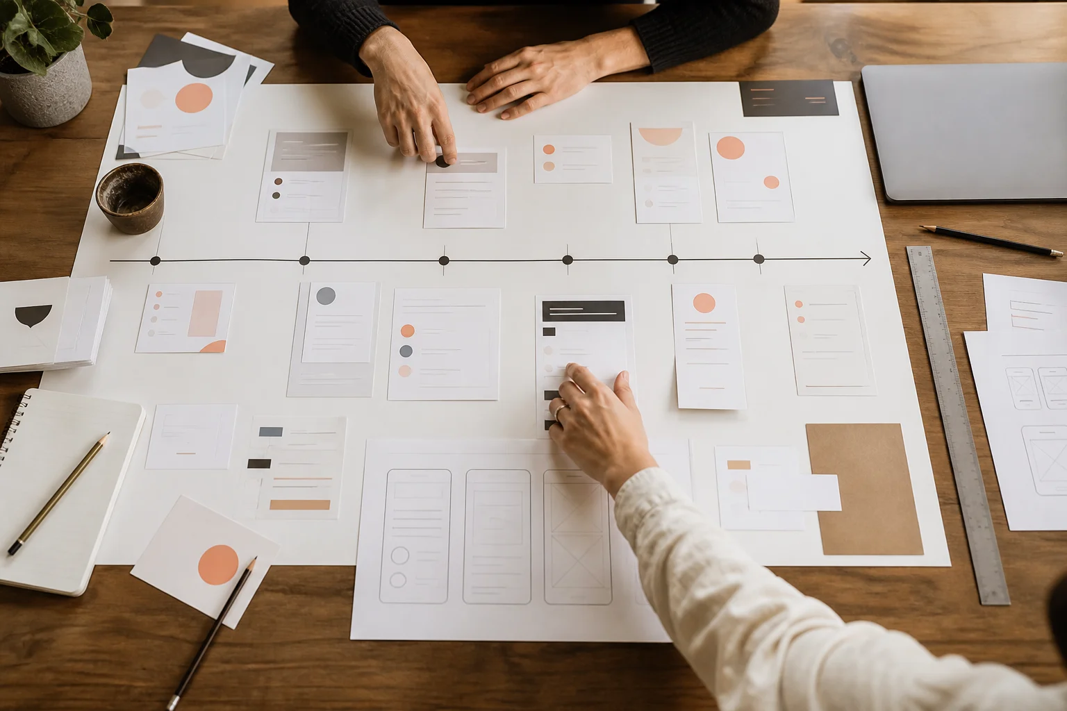 Two collaborators organizing a clear digital product roadmap and its priorities.