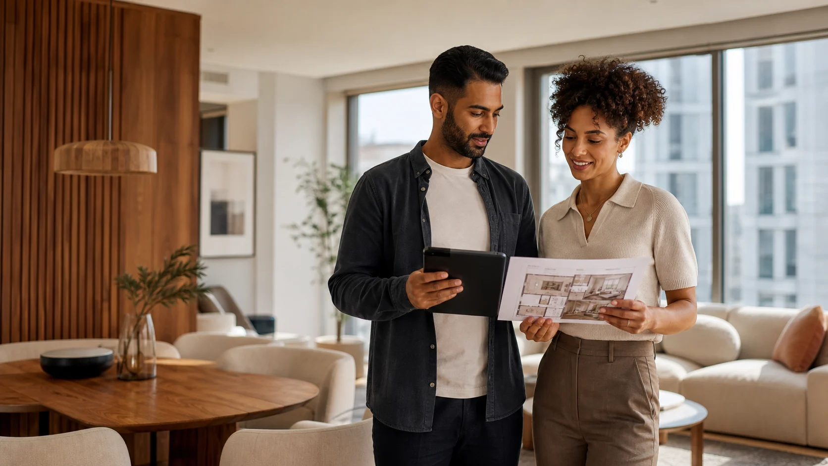 A rental operator and property owner reviewing a furnished rental presentation together.