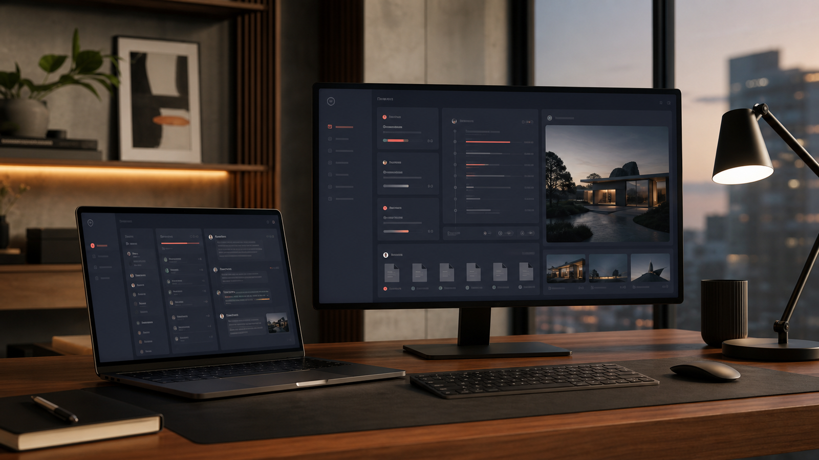 A professional project workspace displayed across a laptop and desktop monitor.